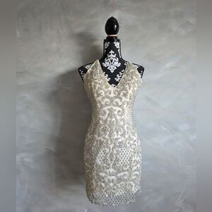Primavera Mini Fitted Bejeweled Plunge  V Cocktail Dress Ivory Silver Sz 6 HOCO